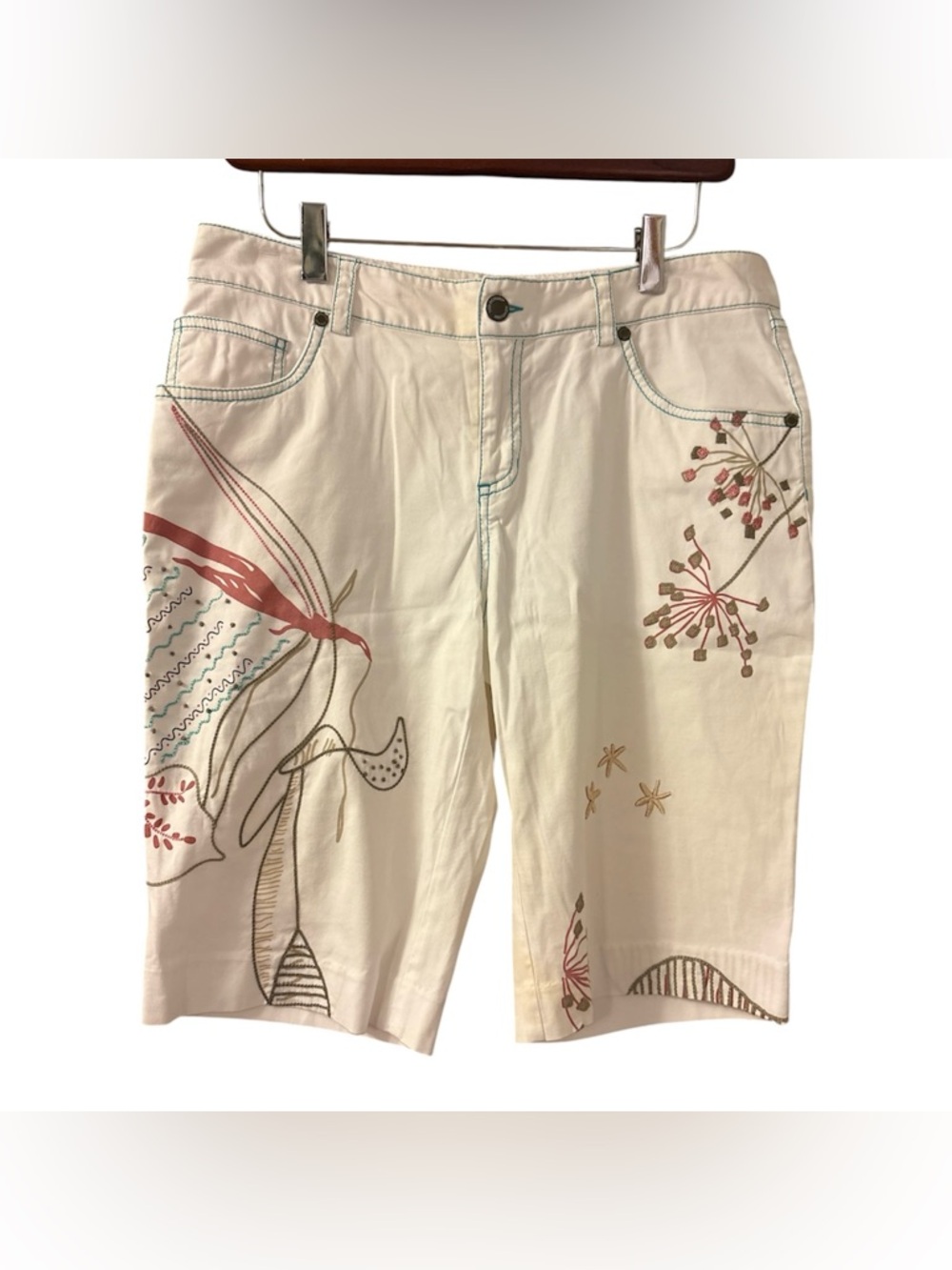 Tori Richard Womens Cream Floral Embroidered Cotton Shorts